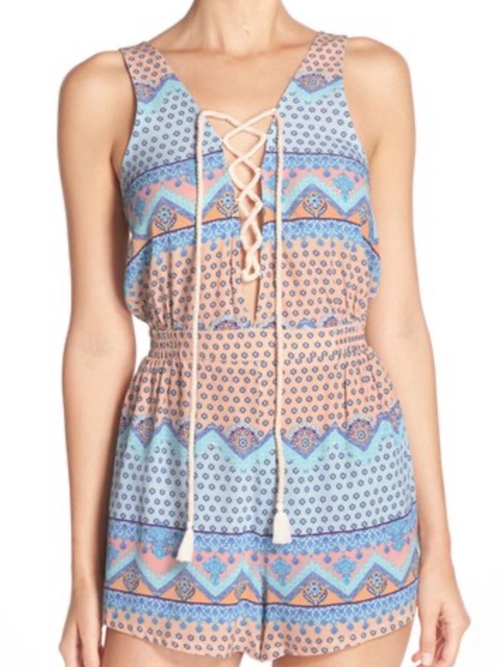 Mink Pink - XS Lace-Up Romper - Blue & Peach